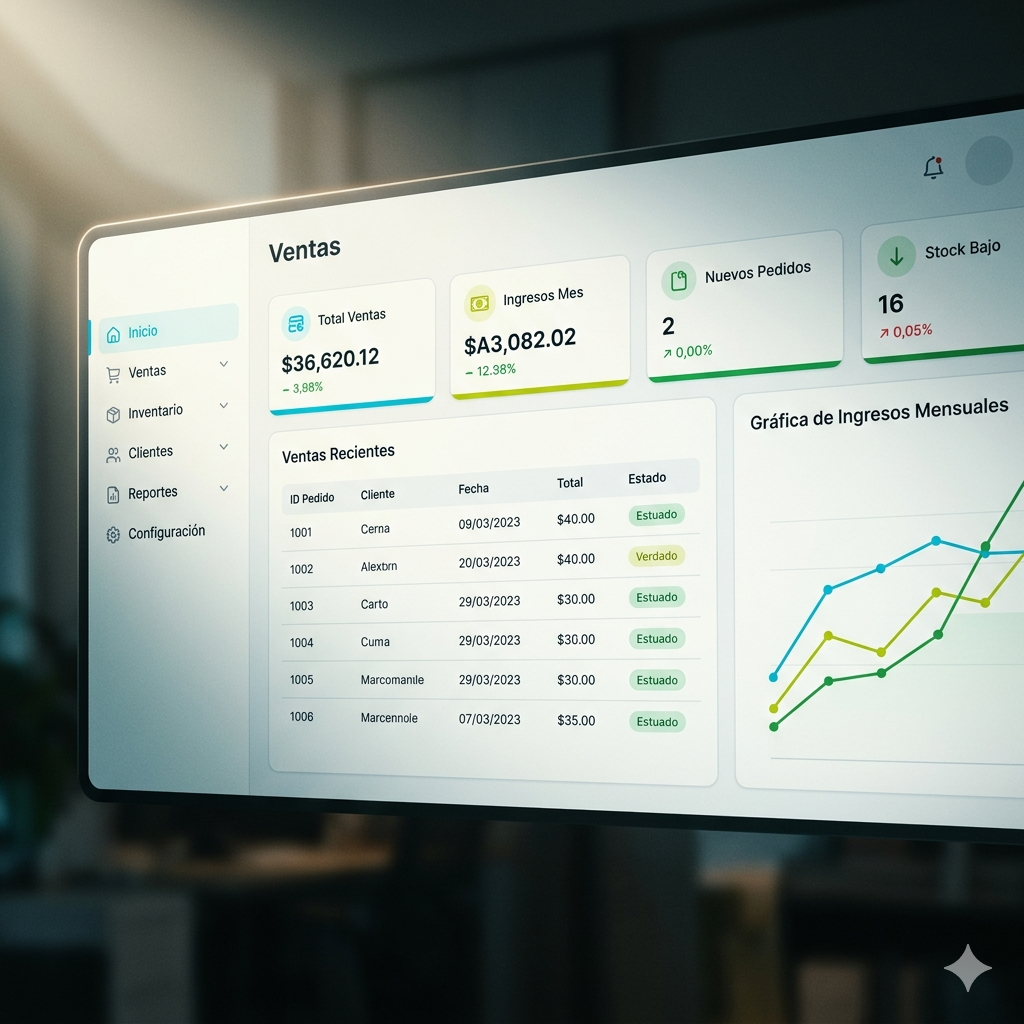 Vista del panel O&C System: ventas, inventario y reportes